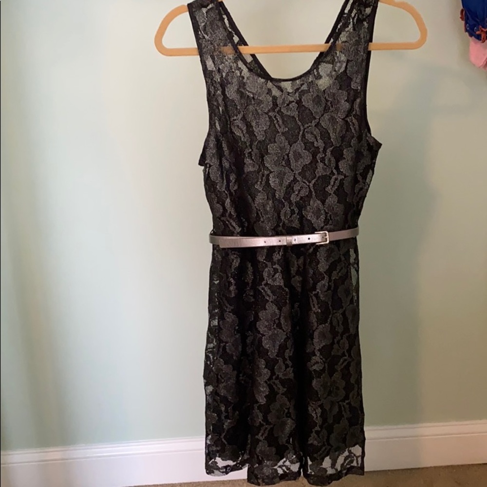 Express silver lace dress with metallic belt